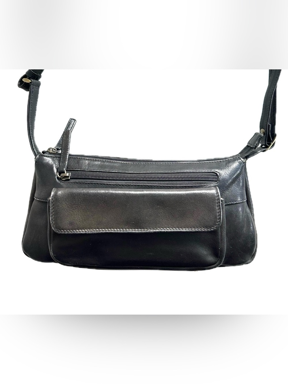 Derek Alexander Black Leather Crossbody Bag Organizer Top Zip Flap Snap Pocket
